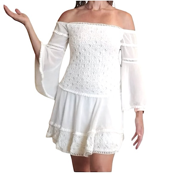 Venus women’s chiffon off the shoulder drop waist boho bell sleeve circle mini - Picture 1 of 8